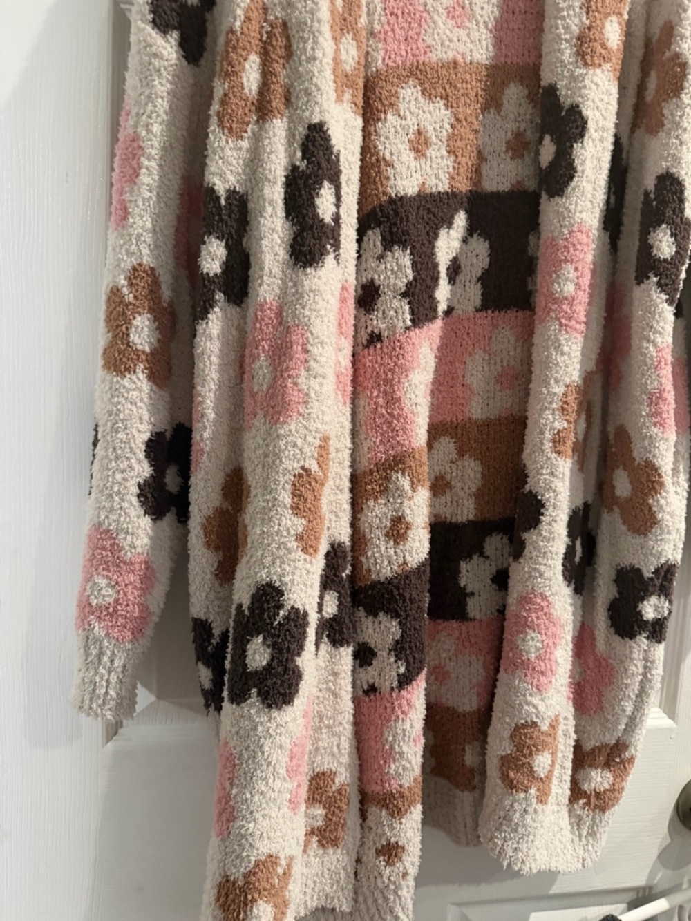 Cozy Floral Open-Front Women’s Sweater Cardigan - Cream, Pink & Brown - Picture 2 of 2